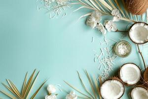 Coconut essential oil bottles on a blue background with coconuts and palm leaves. Background with copy space photo