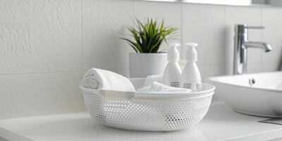 A set of body care cosmetics and towels in a bright bathroom. Skin care concept banner with copy space photo