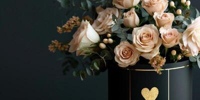 A bouquet of white roses in luxury packaging with gold hearts on a dark background with copy space. Festive background for birthday, wedding or women's day photo