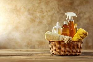 A set of apartment cleaning products. Detergents and towel in a basket on a wooden surface. Cleaning concept background with copy space photo