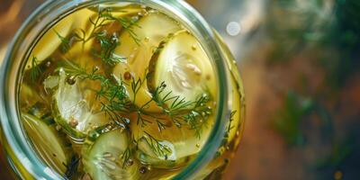 Open glass jar of pickles. Canned vegetables concept banner with copy space photo