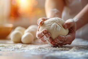 Hands knead fluffy dough. Homemade baking. Making homemade bread. Background with copy space photo