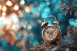 A vintage alarm clock on a magical background with Christmas tree branches and lights. Festive background with copy space photo