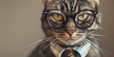 negocio gato vistiendo lentes y un Corbata en un vacío antecedentes con Copiar espacio foto