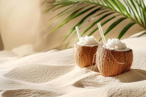 Cocktail in coconut on a summer background with palm tree leaves and beach sand. Copy space photo