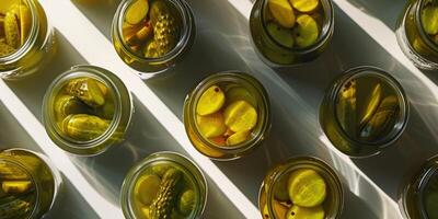 Open glass jars of pickles. Canned vegetables concept banner with copy space photo