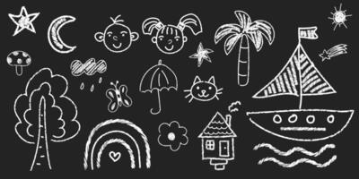 Set of doodles drawn with chalk by hand on a blackboard. Cute flower, ship, umbrella, animal elements, house, trees, rain, children, palm tree. Children's cute preschool activity, educational vector