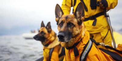 buscar y rescate perros en un barco vela con un equipo en un misión. bandera con Copiar espacio foto