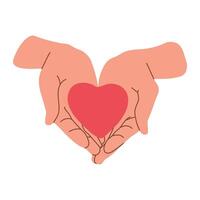 Hands holding heart isolated on white background. Red heart in human hands. Doodle style. Colored flat graphic illustration. vector