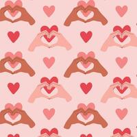 Human hands showing heart regular seamless pattern. Red and pink hearts on pink background. Doodle style. Colored flat graphic vector