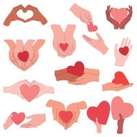 Set of hands holding heart isolated on white background. Red heart in human hands. Doodle style. Colored flat graphic . vector