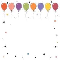 Holiday design with balloons for card. Row of colored balloons at the top, stars and confetti on a white background. illustration. vector