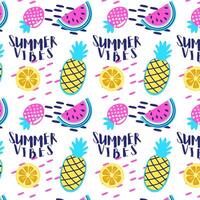 Summer vibes bright seamless pattern. Colorful tropical fruit and shapes on white background. Fashion illustration in modern style. Summer abstract design. vector