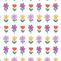 Spring floral regular seamless pattern. Colorful flower repeat on white background. Cute childish nature design in cartoon flat style for cover, print. vector