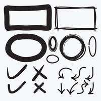 Set of hand drawn elements for selecting text.Hand drawn frames, circle and arrows on white background. vector