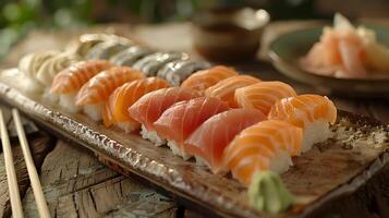 clasificado Fresco Sushi conjunto en elegante plato foto