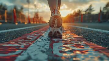 corredor a comenzando línea en un pista con puesta de sol antecedentes. de cerca de pies en atlético Zapatos en comenzando bloques foto