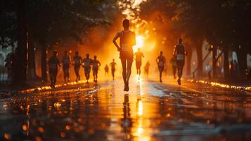 Marathon runners on wet road at sunrise. Golden hour light reflecting on water with silhouettes of athletes. photo