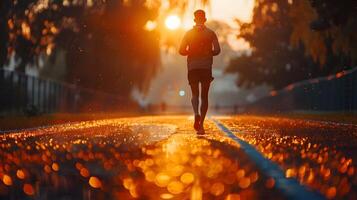 Solitary runner on a wet road at sunset. Golden light and water reflections creating a tranquil scene. photo