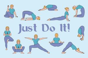 Girls Performing Yoga Poses and Exercises for Health and Relaxation. International Day of Yoga Icons Set with text Just Do It. Illustration Isolated on a Blue Background. vector