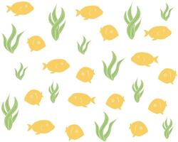 Seamless Background. Trendy Pattern with Yellow Fish and Algae on a White Background for Print, Web. Sea Bottom vector