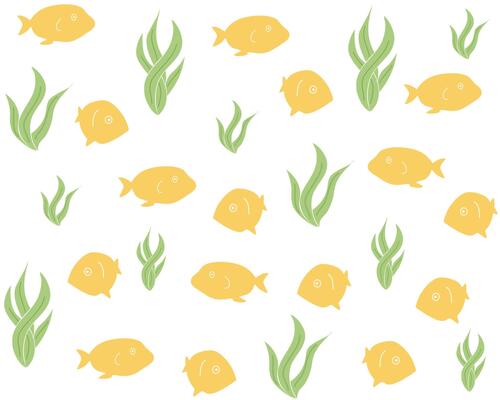 Seamless Background. Trendy Pattern with Yellow Fish and Algae on a White Background for Print, Web. Sea Bottom
