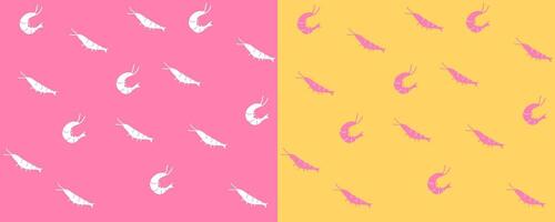 Seamless Pattern With Shrimps On A Yellow And Pink Background. Minimal Flat Seafood Design vector