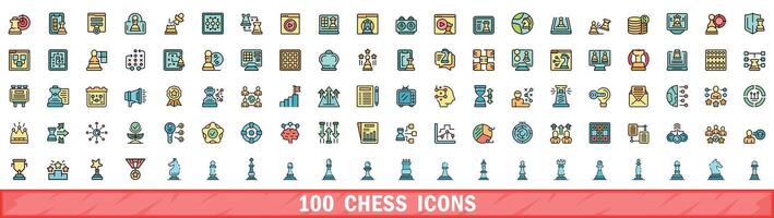 100 chess icons set, color line style vector