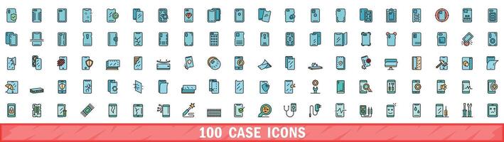 100 case icons set, color line style vector