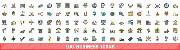 100 business icons set, color line style vector