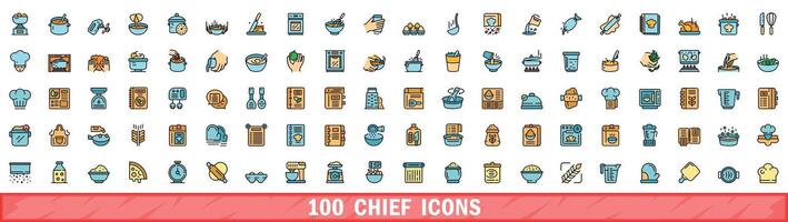 100 chief icons set, color line style vector