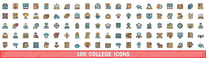 100 college icons set, color line style vector