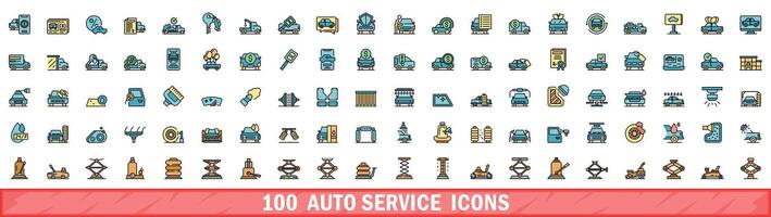 100 auto service icons set, color line style vector