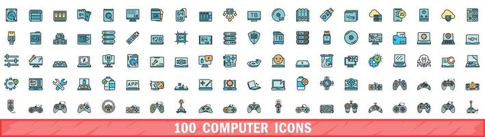 100 computer icons set, color line style vector