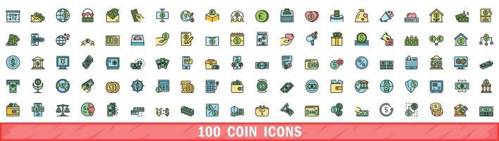 100 coin icons set, color line style vector