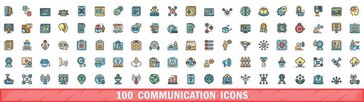 100 communication icons set, color line style vector