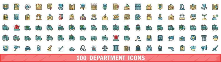 100 department icons set, color line style vector