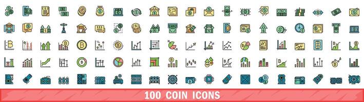 100 coin icons set, color line style vector