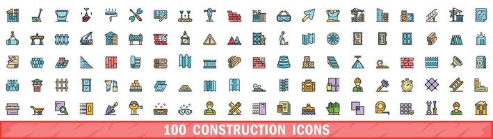 100 construction icons set, color line style vector