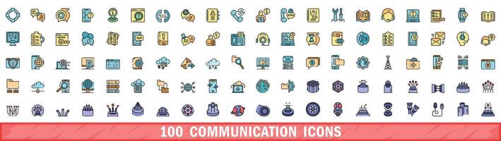 100 communication icons set, color line style vector