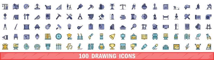 100 drawing icons set, color line style vector