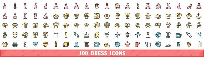 100 dress icons set, color line style vector