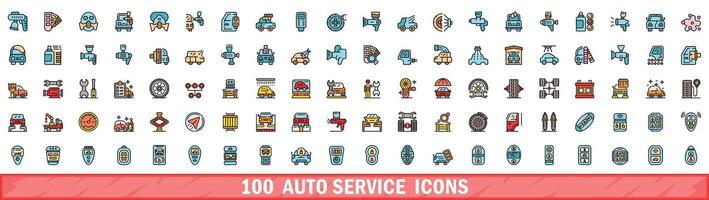 100 auto service icons set, color line style vector