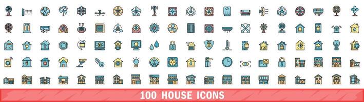 100 house icons set, color line style vector