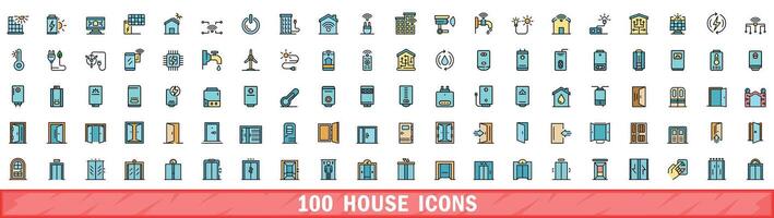 100 house icons set, color line style vector