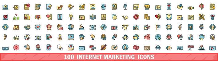 100 internet marketing icons set, color line style vector