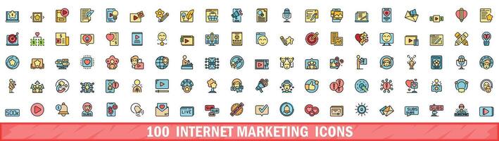 100 Internet márketing íconos colocar, color línea estilo vector