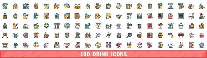 100 drink icons set, color line style vector