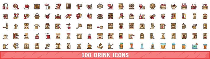 100 drink icons set, color line style vector