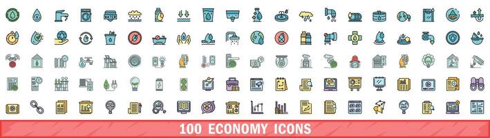 100 economy icons set, color line style vector